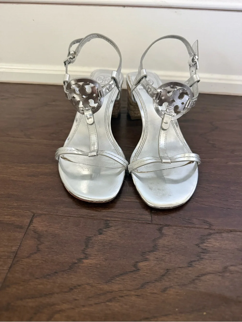 Tory Burch Silver Metallic Leather T-Strap Sandals with Woven Block Heel